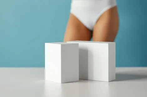 Femme debout en sous-vêtements blancs, fond bleu, illustrant la prévention de la sécheresse vaginale après 50 ans