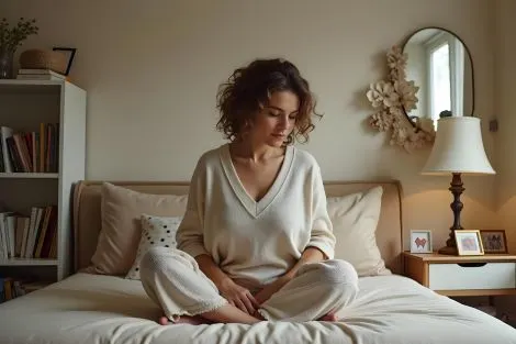 Femme de 50 ans en position de méditation assise sur son lit, gestes de bien-être pour améliorer le confort intime