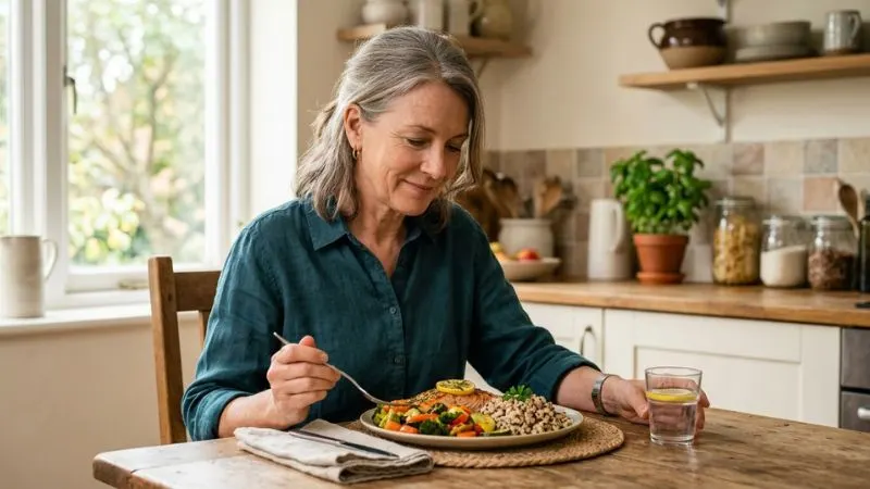 Femme de 55 ans assise à table devant une assiette équilibrée (légumes, poisson, céréales complètes),
expression attentive et posée.