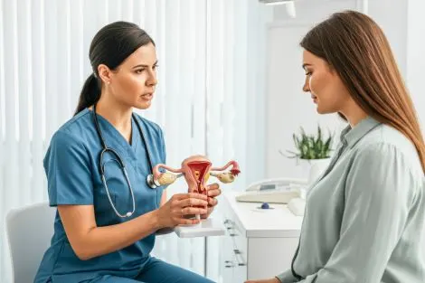 Gynécologue expliquant à une patiente le diagnostic de sécheresse vaginale avec un modèle anatomique