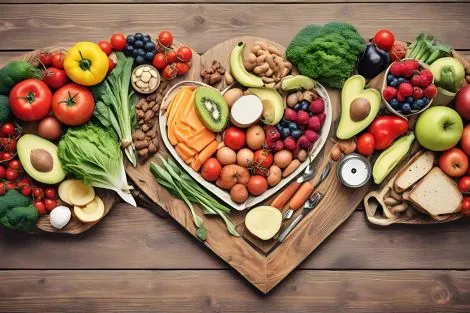 Assiette en forme de cœur avec fruits, légumes et noix sur une table