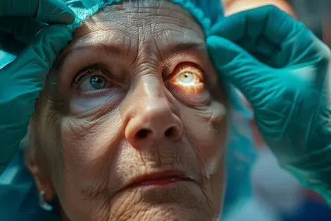Gros plan d’un œil examiné avec une lumière par un professionnel de santé