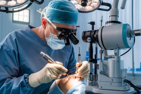 Professionnel de santé en tenue chirurgicale réalisant une intervention chirurgicale de la cataracte à l'aide d'équipement ophtalmique