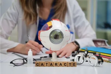 Modèle d'œil, instruments d'examen ophtalmologique, flacon de collyre, lunettes et blocs formant le mot « cataracte » sur la table