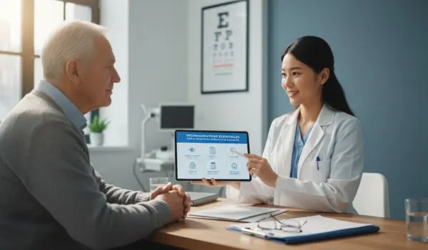 Un médecin explique des informations sur les soins oculaires sur une tablette à un patient âgé, en consultation pour une cataracte