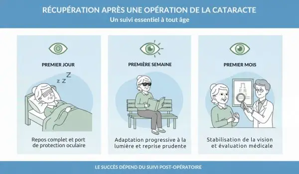 Étapes de la récupération après une opération de la cataracte : repos, adaptation à la lumière et stabilisation de la vision, avec suivi