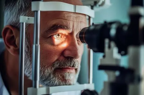 Un homme subit un examen ophtalmologique à la lampe à fente en milieu clinique pour une opération cataracte