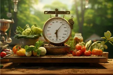 une balance ornee de legumes frais representant un rythme de vie équilbrée