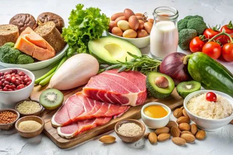 une table avec une variete d'aliments y compris de la viande des legumes et des-noix pour stimulation du metabolisme