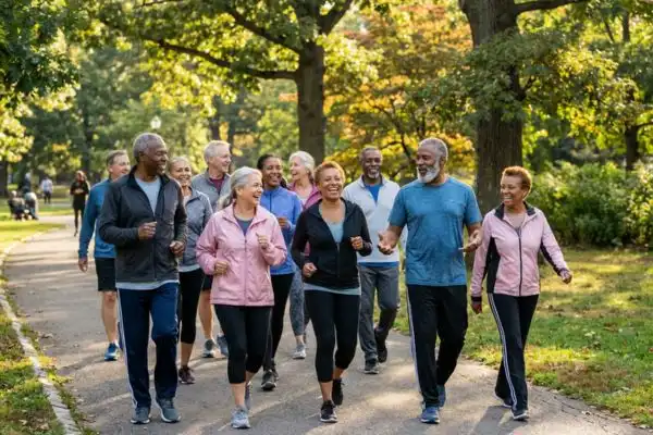 groupe de personne de plus de 50 ans alternant marche rapide et marche normale sur un parcours