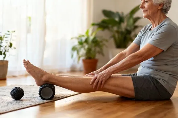 Personne âgée dans un cadre domestique confortable pratiquant sa routine quotidienne
de relaxation musculaire utilisation d’un rouleau de massage sur les muscles des jambes, étirements doux.