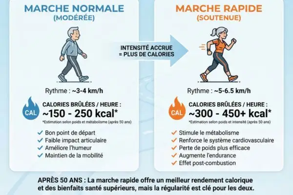 Schéma comparant les calories brûlées en marche rapide et en marche normale après 50 ans