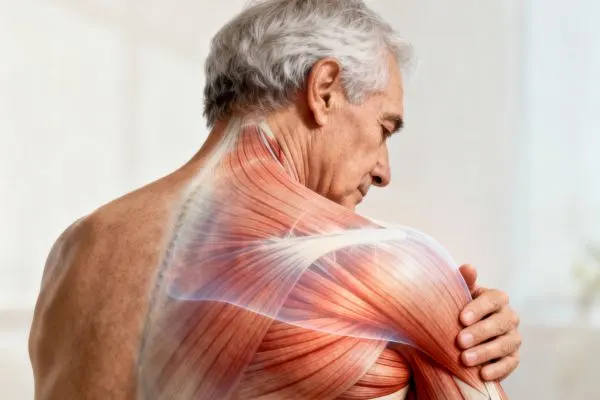 Une personne de plus de 50 ans touche un muscle raide de l’épaule.
Une superposition anatomique semi-transparente et subtile montre la perte d’élasticité des muscles