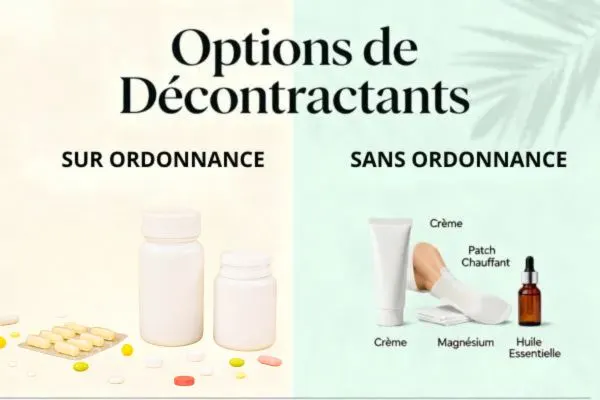 Illustration divisée en deux. A gauche, sur ordonnance boîtes de médicaments .
A droite, sans ordonnace un tube Crème, un patch chauffant et un flacon Magnésium