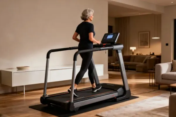 Personne de 50 ans marchant sereinement sur un tapis de course haut de gamme et silencieux dans un salon moderne. Le tapis a des barres de maintien solides et une console large et claire. Ambiance calme, silencieuse et confortable,