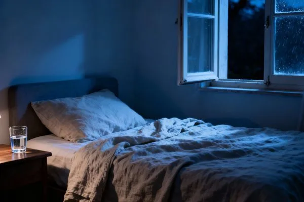 Chambre à coucher sereine et fraîche la nuit, lit confortable avec des draps en lin naturel, verre d'eau sur la table de nuit, fenêtre entrouverte laissant passer une brise légère, ambiance calme et tempérée, tons bleutés et apaisants,