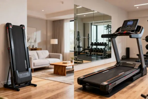 Composition en écran partagé : à gauche, un tapis de course compact et pliable, plié verticalement contre un mur dans le salon d’un appartement moderne et confortable ; à droite, un grand tapis de course robuste et non pliable dans une salle de sport à domicile spacieuse.