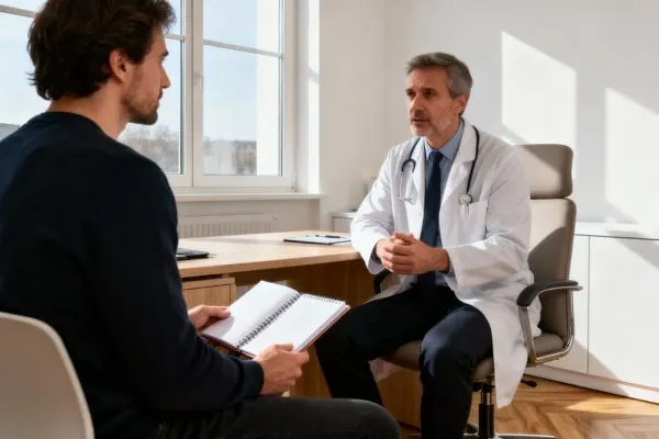Consultation médicale rassurante : un patient discute avec un médecin dans un cabinet moderne. Le patient tient un carnet de notes.