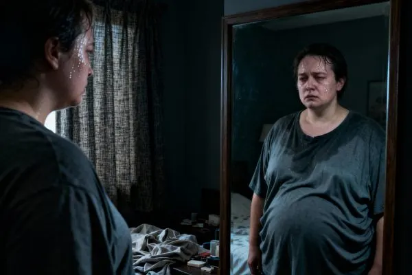 Personne devant un miroir remarquant une perte de poids visible, vêtements devenus trop grands, visage en sueur et fatigué, ambiance chambre sombre et sérieuse,