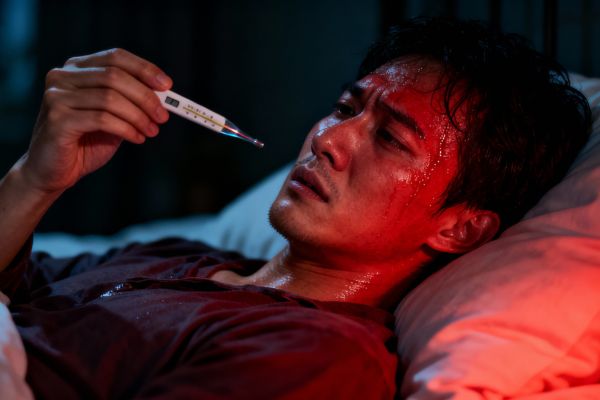 Personne malade au lit la nuit, fébrile et en sueur, vérifiant sa température avec un thermomètre. Visage rouge, expression de fatigue intense. Atmosphère sombre avec une touche de chaleur rouge symbolisant la fièvre et l'infection.