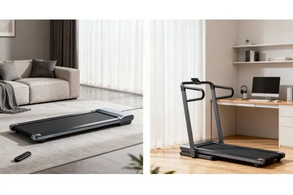 Écran partagé présentant un équipement de fitness moderne à domicile. À gauche : un tapis de marche élégant et ultra-fin posé au sol dans un salon moderne, télécommande à proximité.À droite : un tapis de course pliable et compact avec barres d’appui dans un petit bureau à domicile.