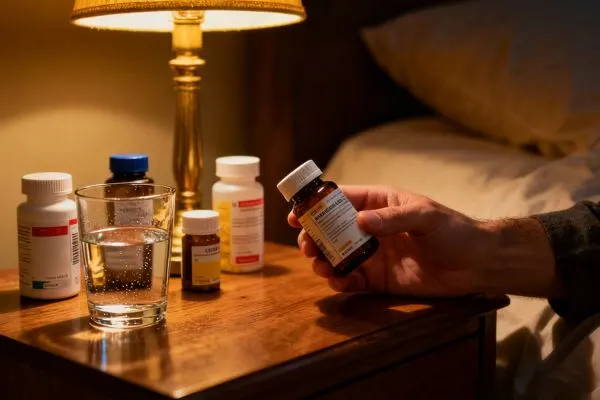Table de chevet avec divers flacons de médicaments et un verre d'eau, éclairée par une lampe de chevet. Une personne lit une étiquette. Ambiance nocturne.