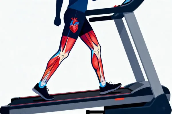 Vue latérale d'une personne marchant sur un tapis de course incliné, avec une surbrillance anatomique ou artistique montrant l'activation des muscles des jambes (fessiers, quadriceps, mollets) et du cœur