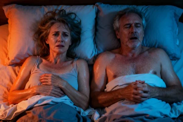 Couple de 50 ans au lit la nuit, homme et femme, tous deux montrant des signes de chaleur et d'inconfort, sueur, sommeil perturbé. Symbolise les turbulences hormonales (ménopause et andropause).