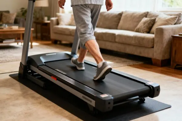 Personne de plus de 50 ans marchant sur un tapis de course visiblement incliné dans un salon confortable. Marche active mais douce, bonne posture. Focus sur la pente du tapis.