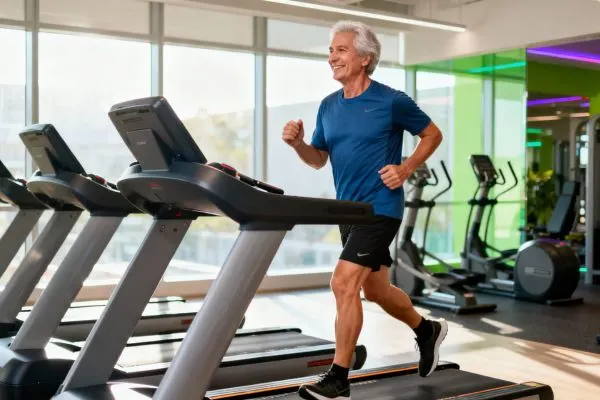 Personne active et en bonne santé de 55 ans marchant sur un tapis de course incliné dans un intérieur lumineux ou une salle de sport moderne. Tenue de sport confortable. Expression positive et concentrée.