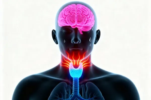 Illustration médicale éducative d'une silhouette humaine montrant le système endocrinien en surbrillance (thyroïde, cerveau) avec des ondes de chaleur rougeoyantes, symbolisant le dérèglement du thermostat interne et les sueurs nocturnes hormonales.