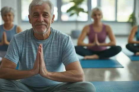 un homme age medite en classe de yoga avec d'autres personnes pour maintenir un metabolisme rapide