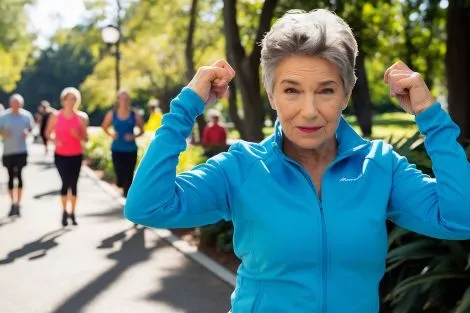 Femme âgée, sportive et en bonne santé, aux cheveux gris courts, faisant de l'exercice dans un parc pour booster son metabomisme
