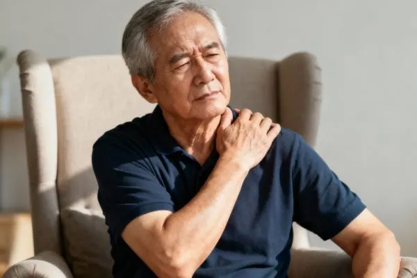 Une personne âgée, assise dans un fauteuil confortable, se frotte la nuque et les épaules,
affichant une expression de raideur et de légère gêne. Causes des douleurs musculaires liées à la sédentarité
