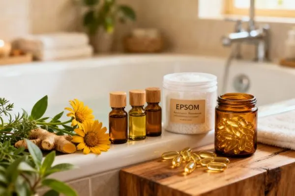 Composition bien-être montrant des remèdes naturels pour détendre les muscles chez
les seniors, avec plantes médicinales, flacons d'huiles essentielles, sels d'Epsom et compléments en gélules.