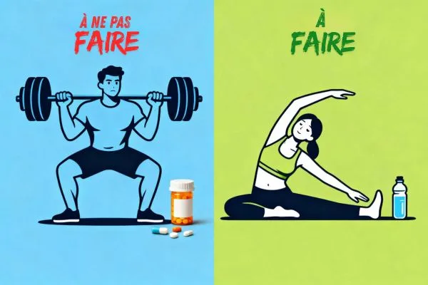Image éducative divisée en deux à gauche, « À ne pas faire » montrant une personne
faisant des efforts avec des poids et un flacon de pilules ; à droite, « À faire » montrant des étirements doux et une bouteille d'eau.