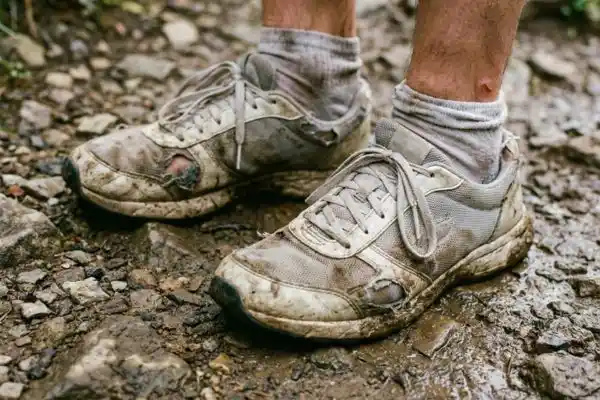 Gros plan sur des chaussures de marche inadaptées illustrant les erreurs fréquentes