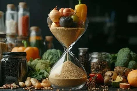 un sablier rempli de sable au sommet sont des legumes et des fruits tous representant
une bonne vie
