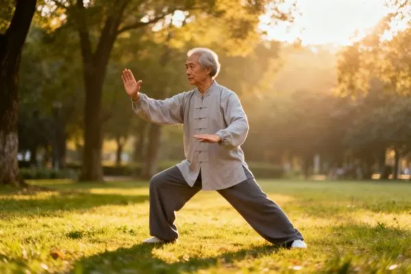 Personne âgée pratiquant des mouvements doux de Tai Chi dans un parc, mouvements fluides, concentration sur l'équilibre et la souplesse.