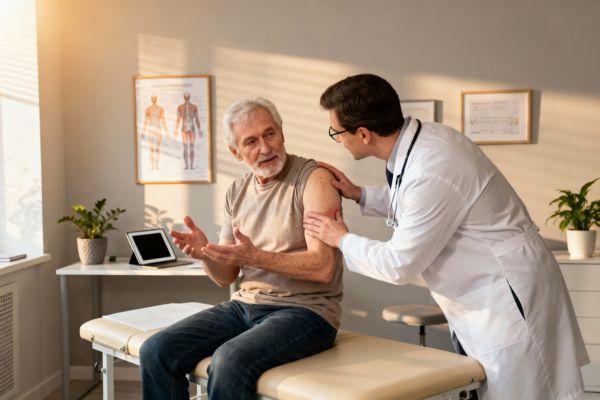 Un patient âgé discute de douleurs musculaires avec un médecin dans une clinique. Le médecin examine l'épaule. Scène de consultation médicale.