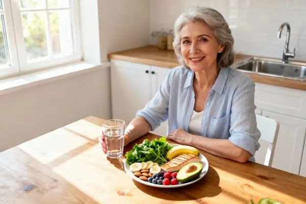 Femme âgée buvant de l'eau, avec une assiette de nourriture saine sur la table présentant des légumes verts, des amandes, des bananes, de l'avocat, du poisson
maigre et des baies