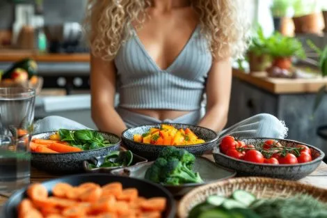 Une femme devant plusieurs Bols de légumes frais et colorés pour des repas équilibrés qui relancent le métabolisme après 50 ans