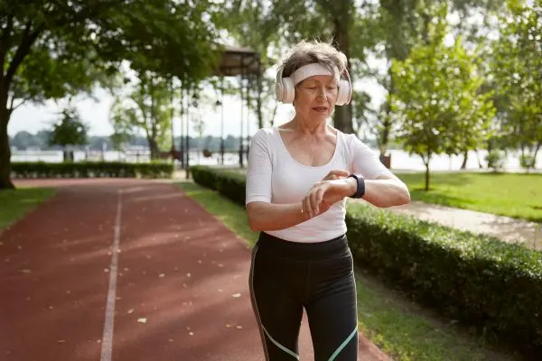 Femme de 50 ans qui règle sa montre connectée pour suivre sa vitesse de marche