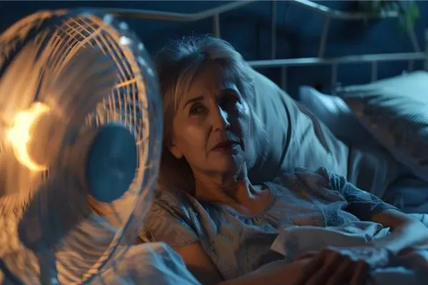 Personne de 50 ans se réveillant la nuit dans un lit, trempée de sueur, expression d'inconfort, chambre sombre, éclairage tamisé,