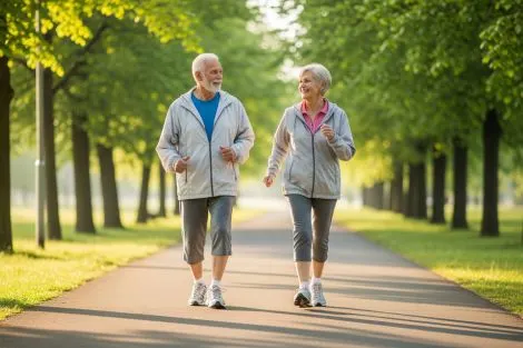 couple adulte marchant à l’extérieur pour favoriser la perte de poids