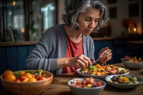 une-femme-assise-a-une-table-en-train-de-manger-des-aliments-sains