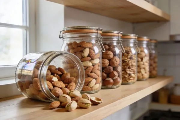 Étagères en bois et bocaux en verre hermétiques remplis d'amandes, de noix et de noisettes
bio, montrant des oléagineux frais et bien conservés