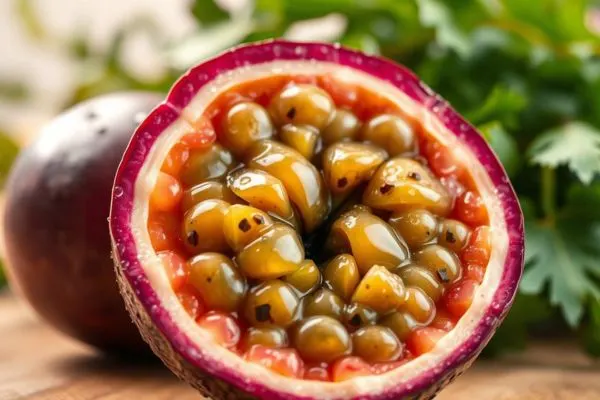 Portions de fruit de la passion et pulpe dans un bol sur une table en bois, illustrant un fruit peu calorique utile
pour maigrir