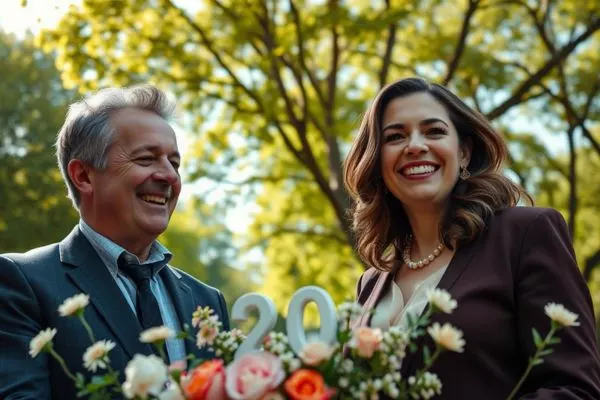 Couple élégant debout dans un jardin, devant un bouquet avec le chiffre 20 pour marquer leurs 20 ans de mariage