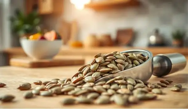 Dose de graines de courge dans une cuillère, repère simple pour la portion quotidienne